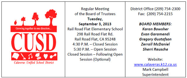 Calaveras Unified School District Board To Meet in Rail Road Flat Sept. 3rd
